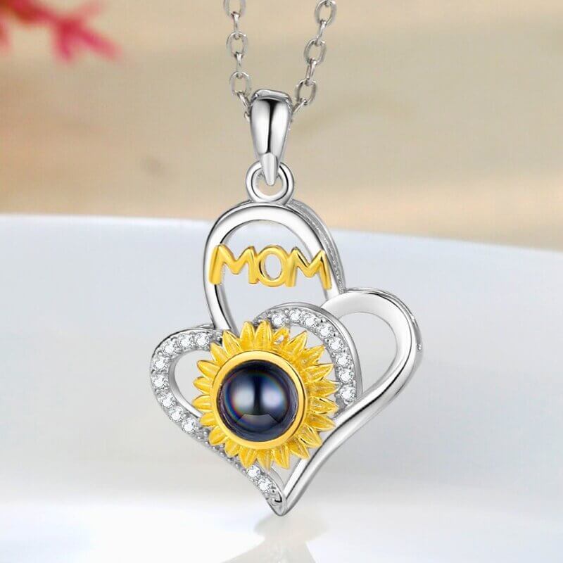 Personalised Sunflower Heart Photo Projection Mom Necklace