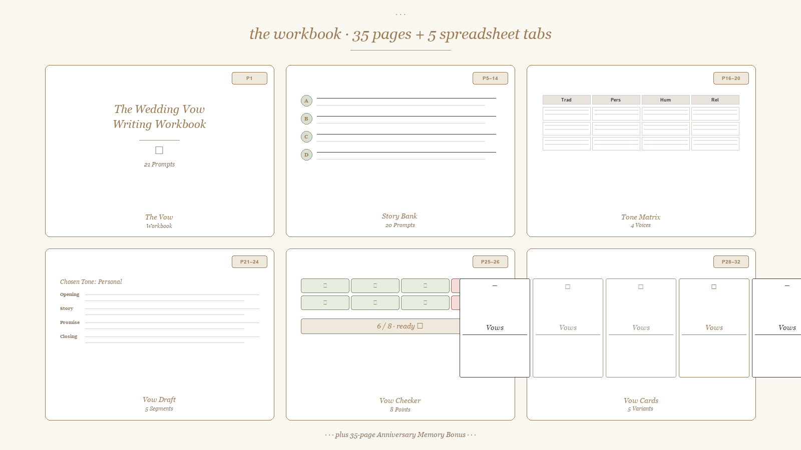 The Wedding Vow Writing Workbook — 21 Prompts + 5 Keepsake Card Designs layout preview