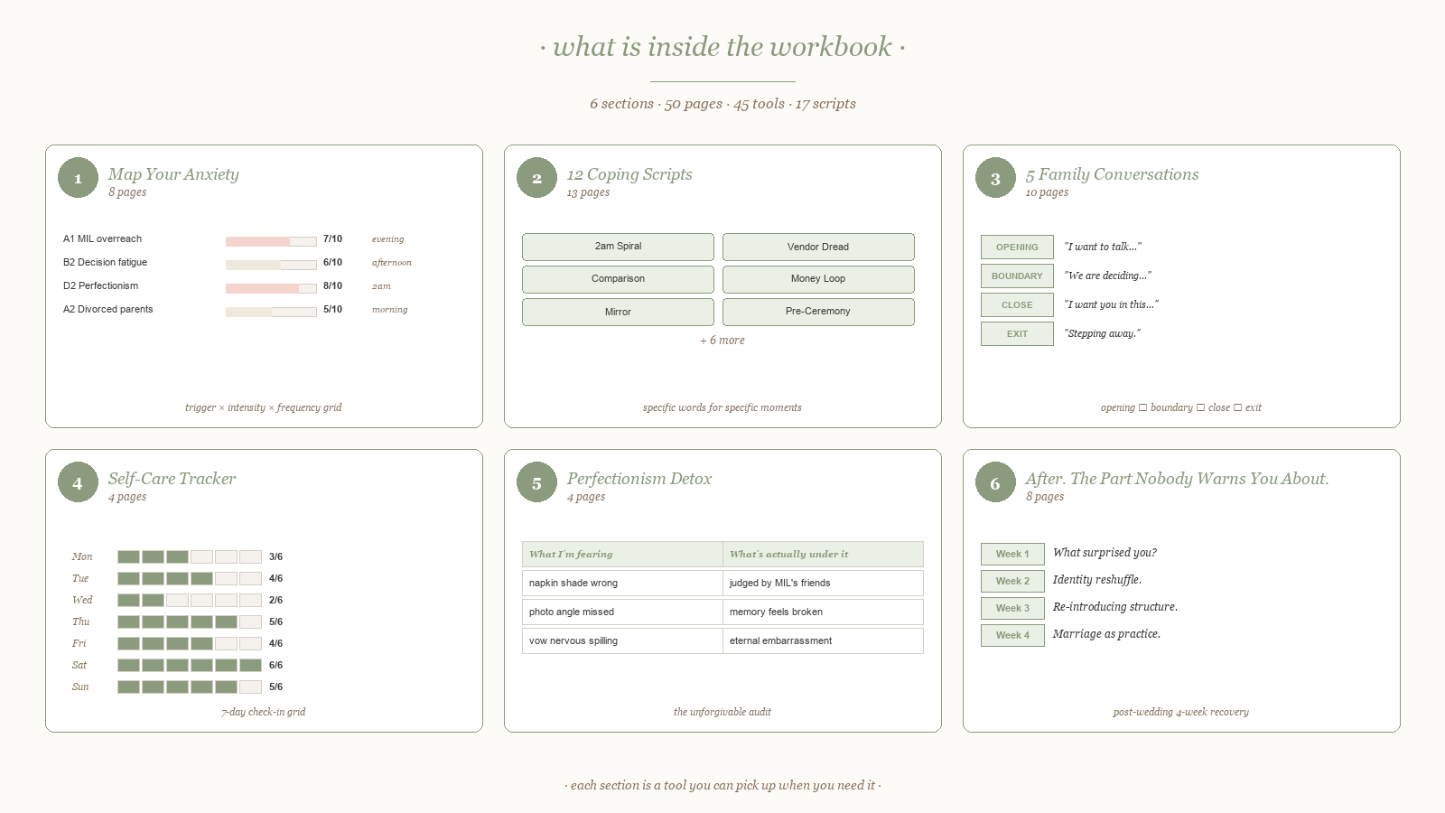 The Wedding Anxiety & Wellness Workbook — 45 Tools + 17 Scripts layout preview