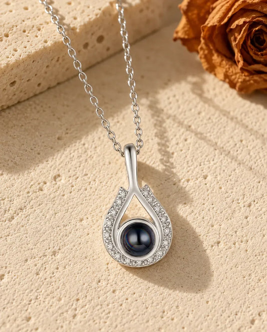 Personalised Teardrop Photo Projection Necklace in Silver - front view in silver
