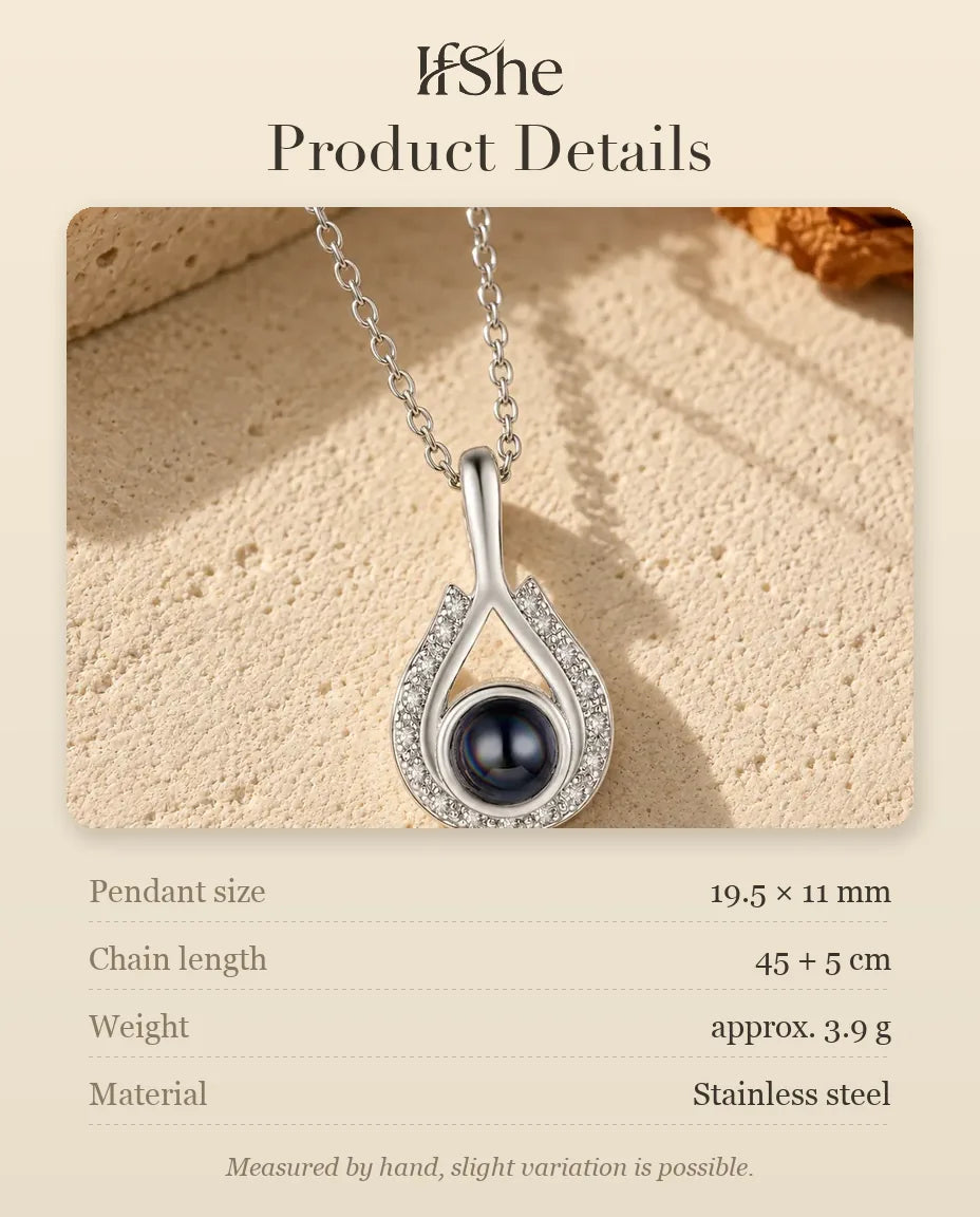 Personalised Teardrop Photo Projection Necklace in Silver - size and material details