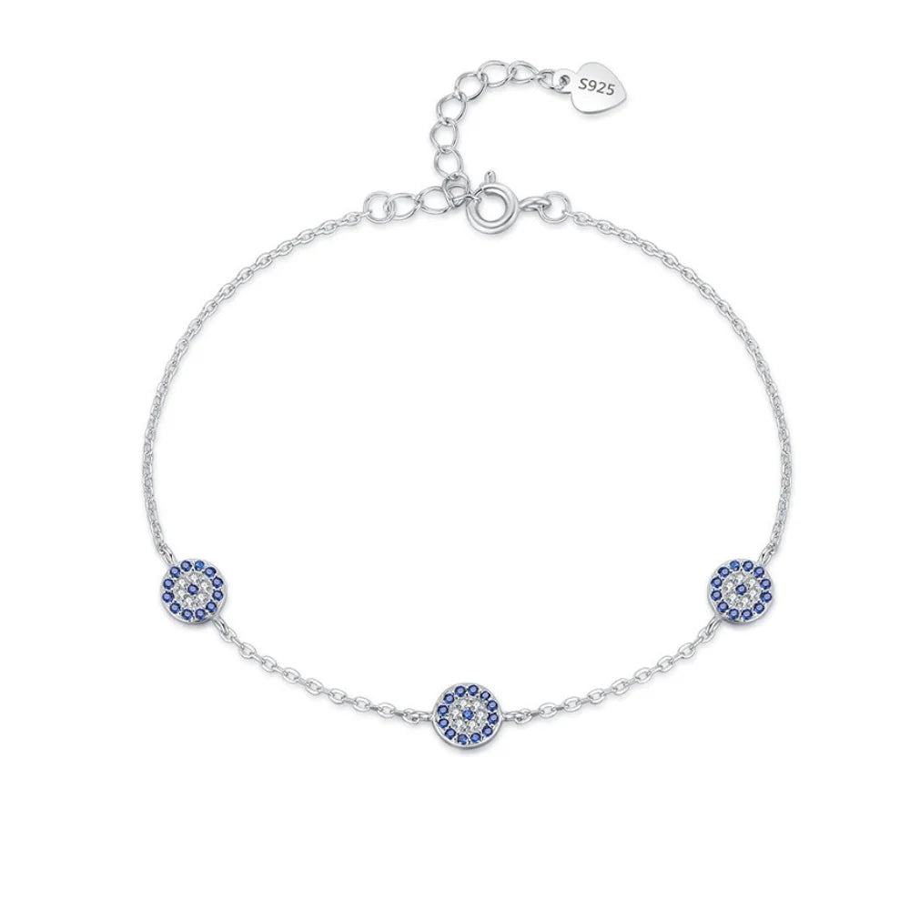 Three-Charm Sterling Silver Evil Eye Bracelet - Turkish Eye Bracelet