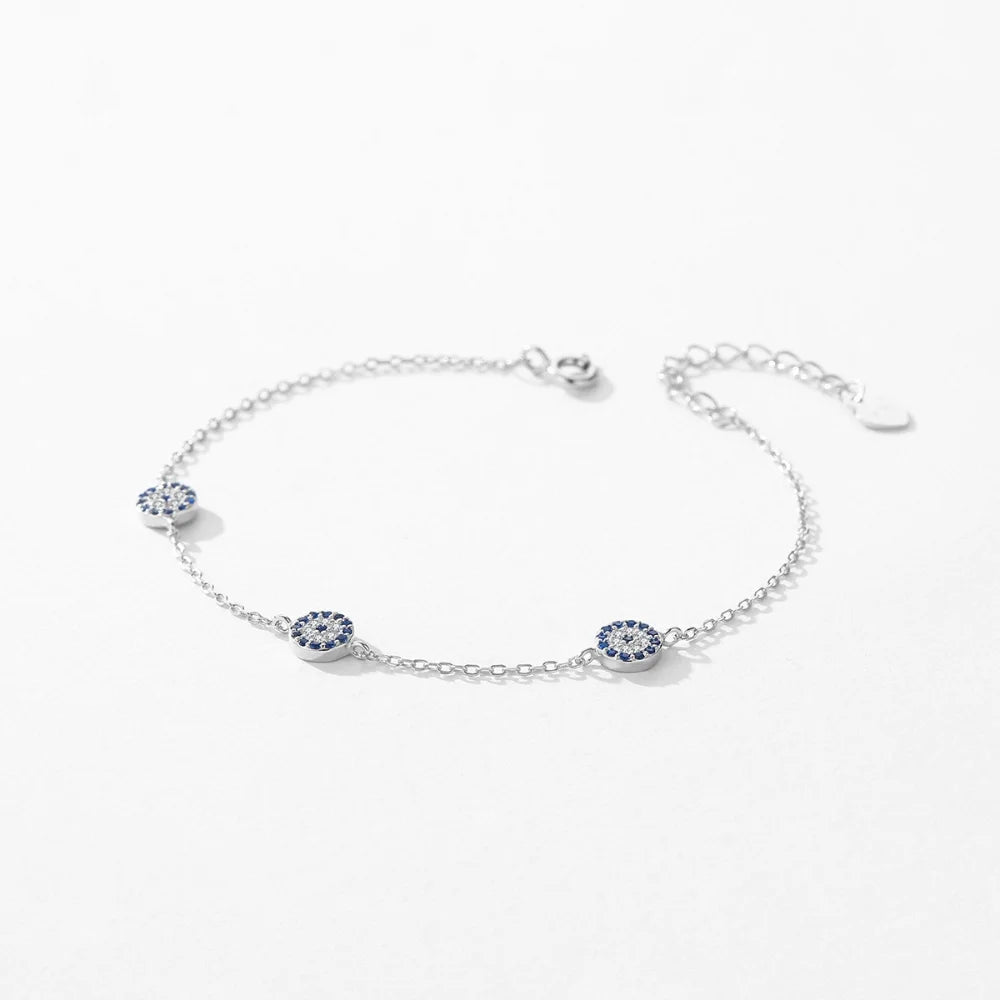 Three-Charm Sterling Silver Evil Eye Bracelet - Turkish Eye Bracelet