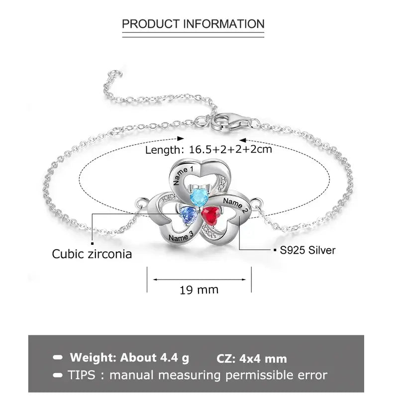 Three Heart Family Personalised Bracelet with 3 Names and 3 Birthstones Sterling Silver