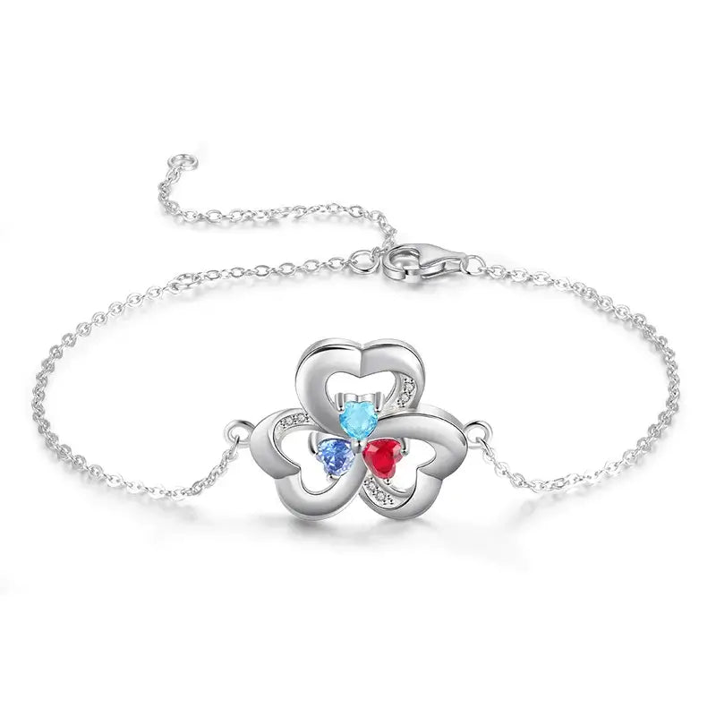 Three Heart Family Personalised Bracelet with 3 Names and 3 Birthstones Sterling Silver