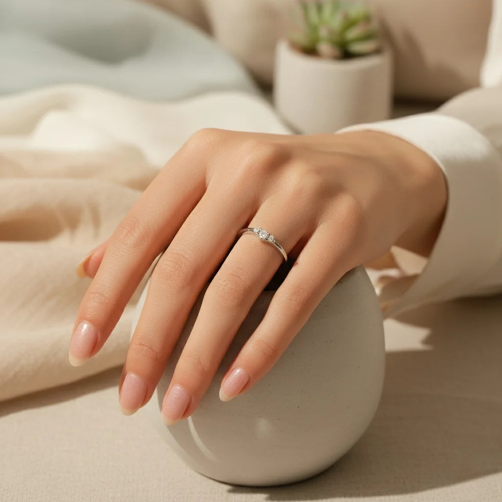 Three Stone Moissanite Engagement Ring - Sparkling Simple Thin Wedding Ring For Women - 925 Sterling Silver