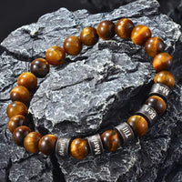 Felicelia Men's Leather Bracelet With Tiger Eye Stone Beads - Braided Brown Leather, Stainless Buckle