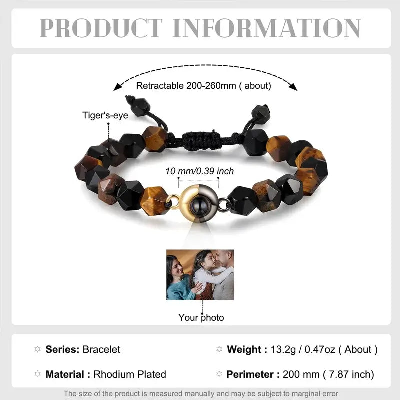 Tiger Eye Stone Beaded Personalised Projection Photo Bracelet