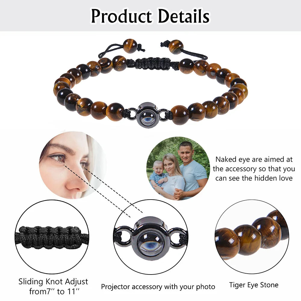Tiger Eye Stone Photo Bracelet, Beaded Bracelet with Picture Inside, Photo Projection Beaded Bracelet for Men/Women