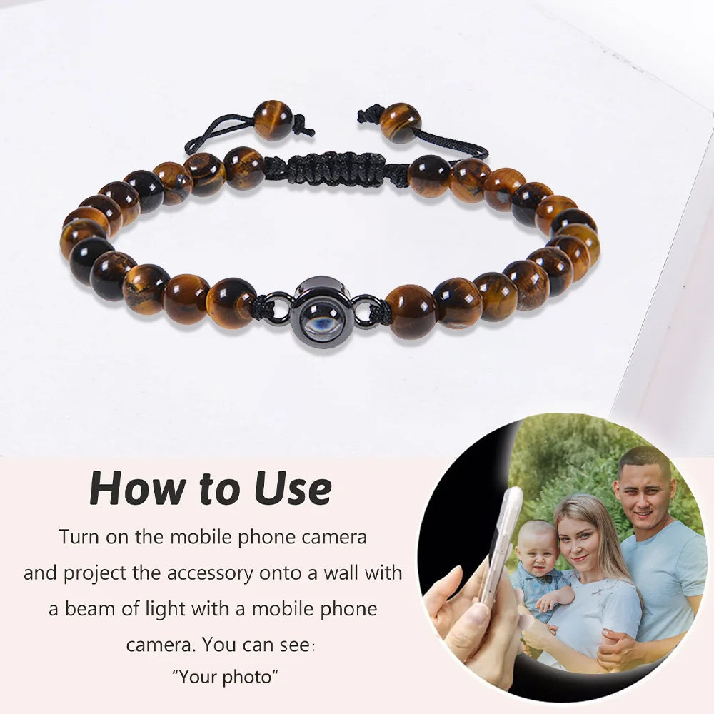 Tiger Eye Stone Photo Bracelet, Beaded Bracelet with Picture Inside, Photo Projection Beaded Bracelet for Men/Women