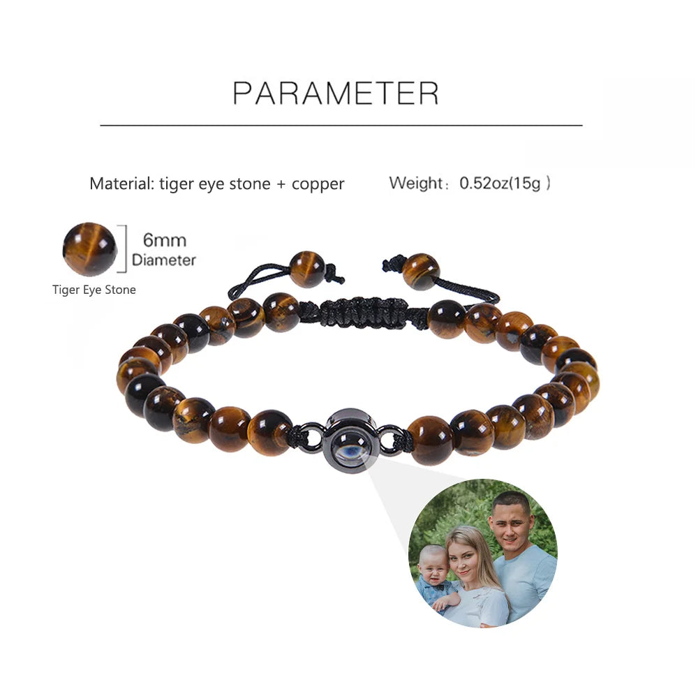 Tiger Eye Stone Photo Bracelet, Beaded Bracelet with Picture Inside, Photo Projection Beaded Bracelet for Men/Women