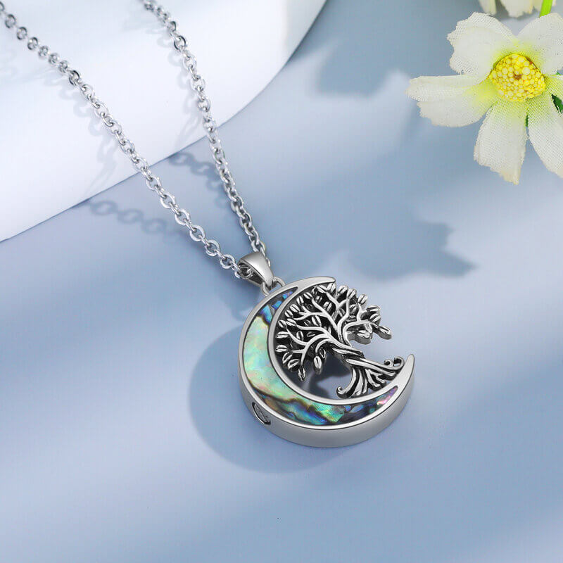Tree of Life Moon Locket with Ashes - Ashes Necklace with Engraving