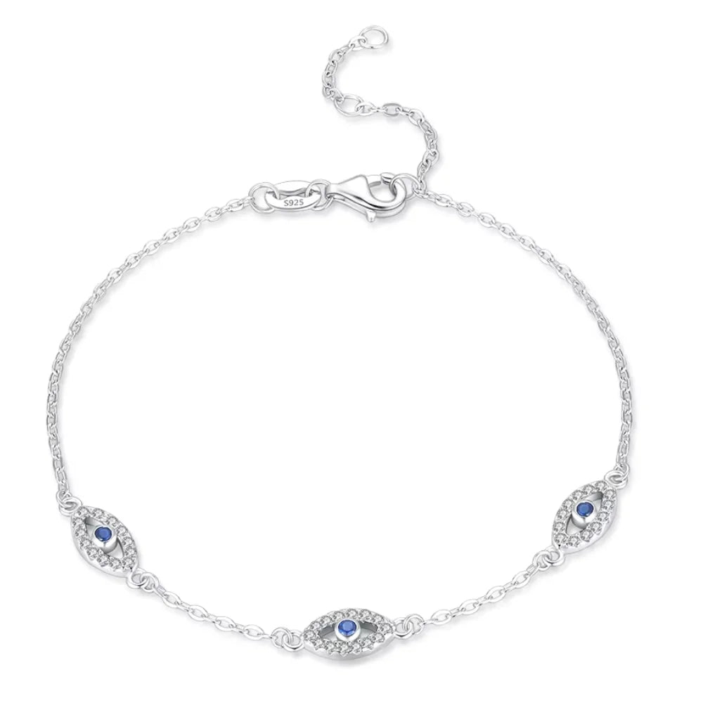 Triple Evil Eye Sterling Silver Protection Bracelet - Turkish Eye Bracelet