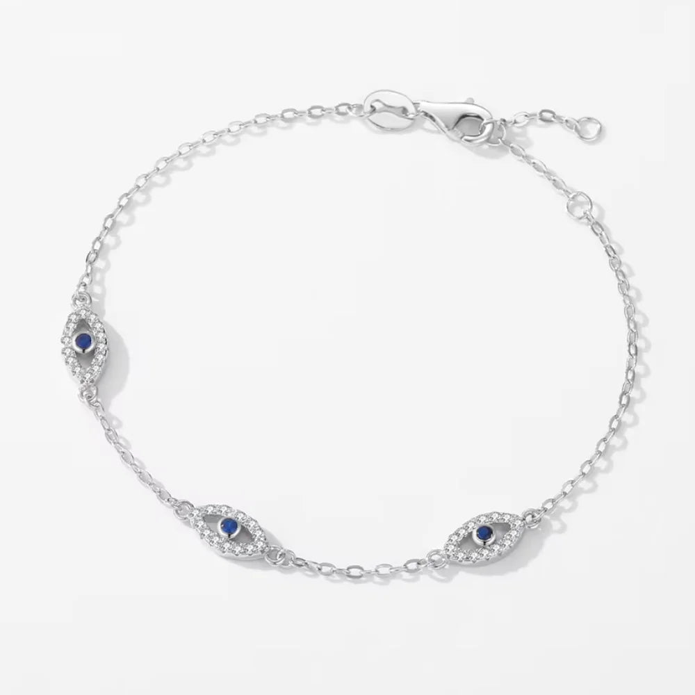 Triple Evil Eye Sterling Silver Protection Bracelet - Turkish Eye Bracelet