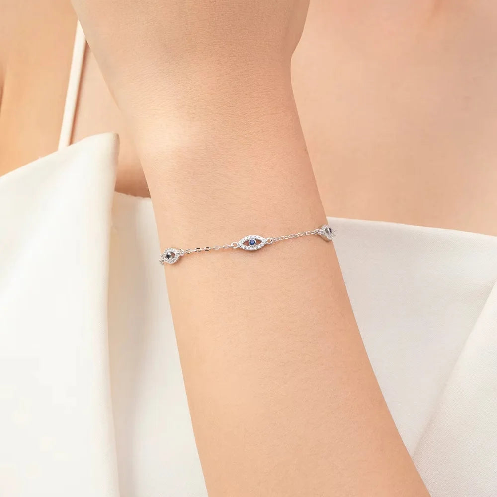 Triple Evil Eye Sterling Silver Protection Bracelet - Turkish Eye Bracelet