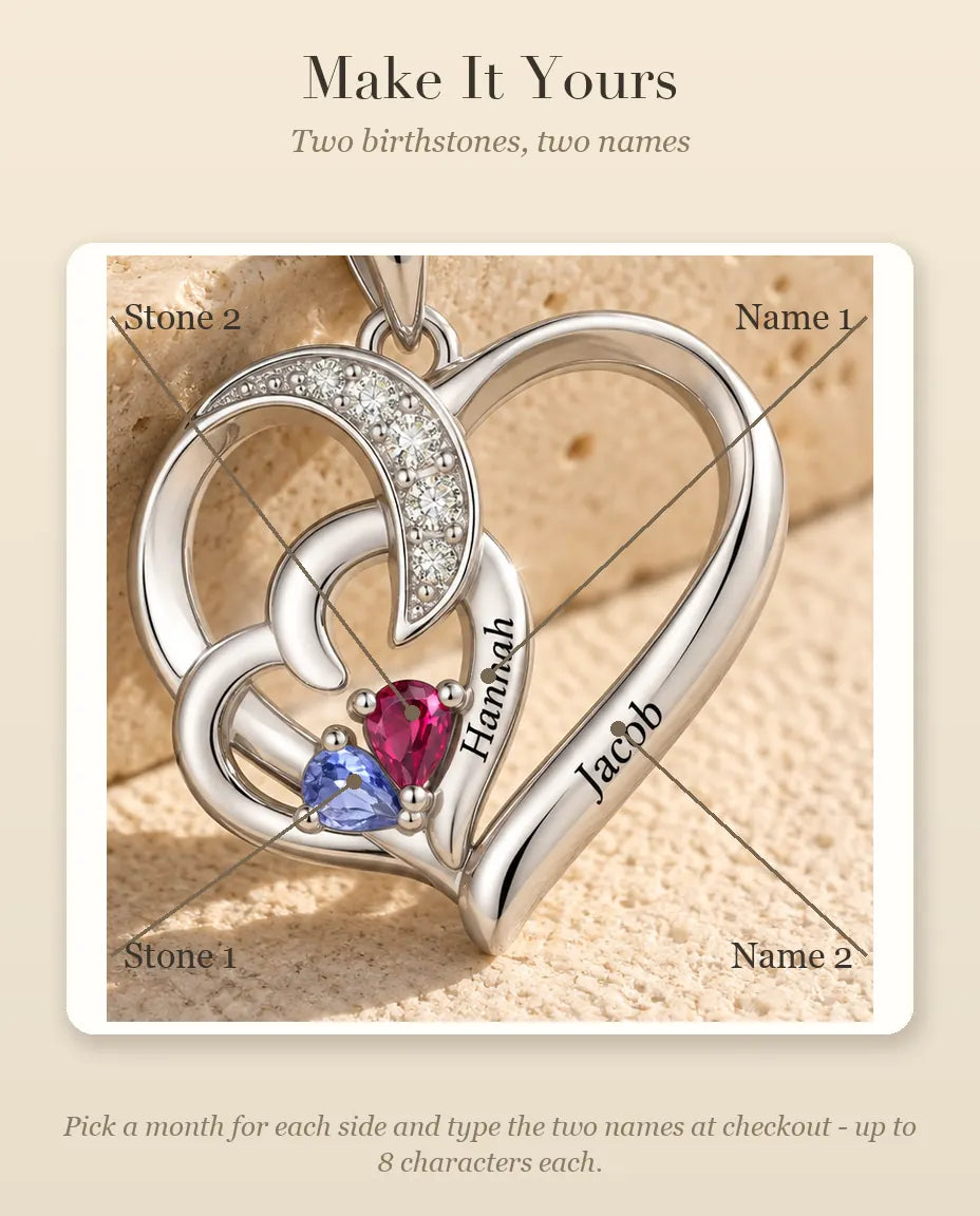 How to personalise the necklace with two birthstones and two names