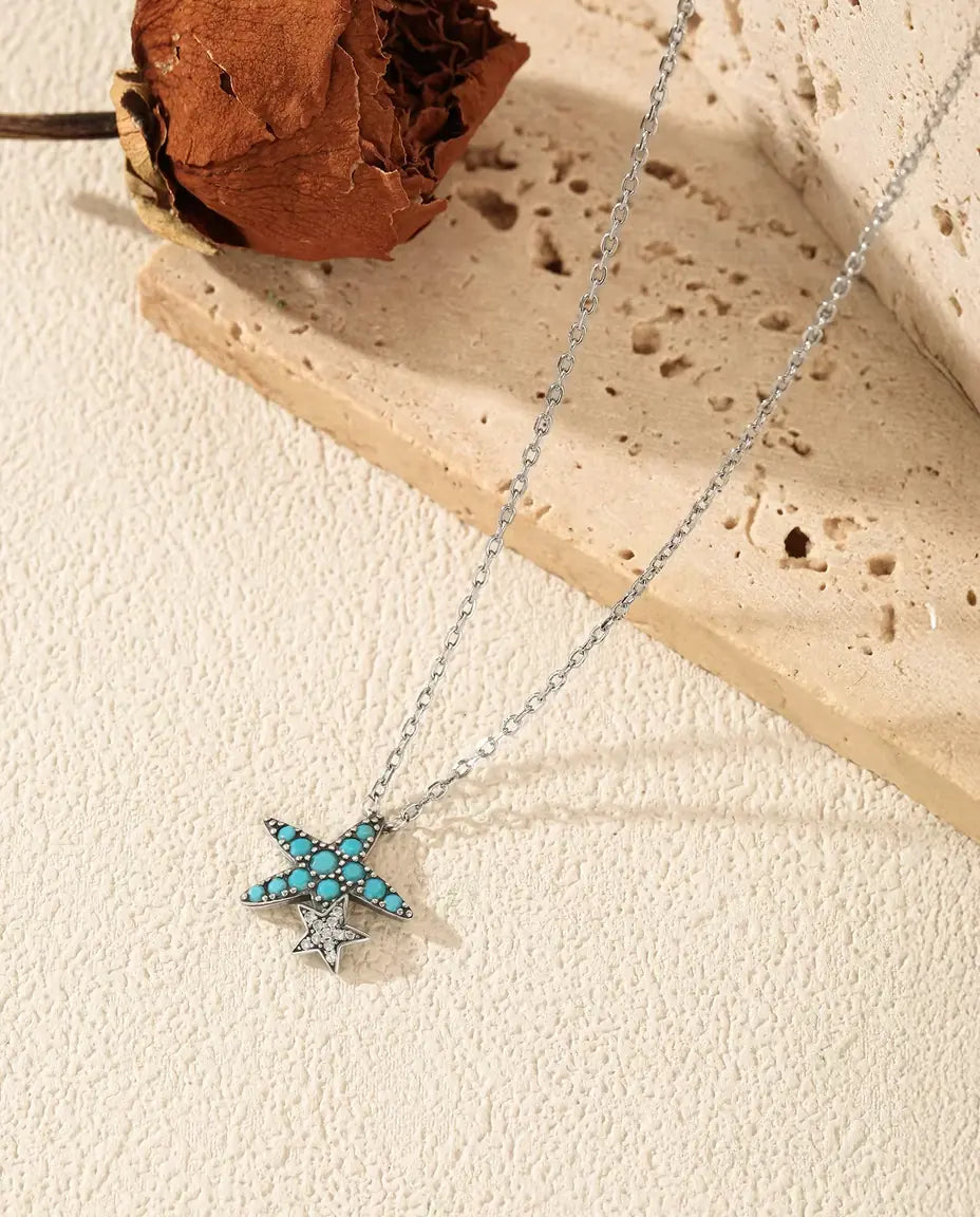 turquoise pave starfish necklace with star charm in 925 sterling silver