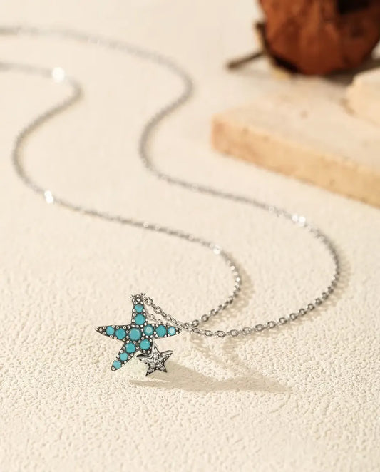 turquoise pave starfish necklace with star charm in 925 sterling silver