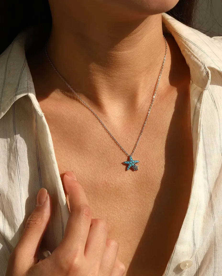 turquoise pave starfish necklace with star charm in 925 sterling silver