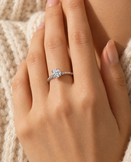 Moissanite Engagement Ring - worn on the hand