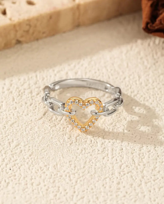 Two tone gold pave heart chain link ring in 925 sterling silver