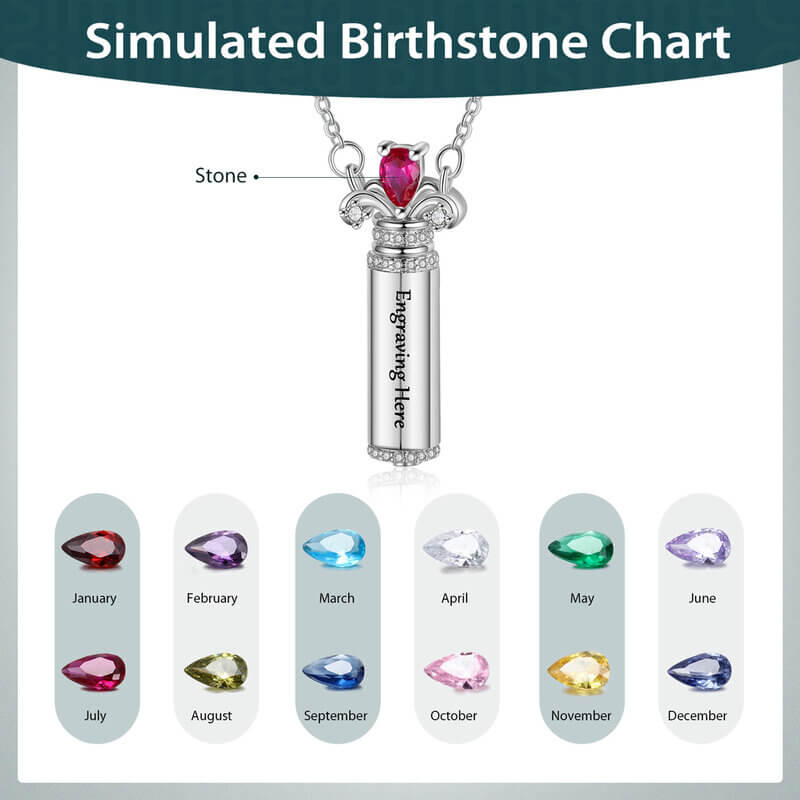 Ashes Necklace - Birthstone Vertical Barrel Pendant with Engraving