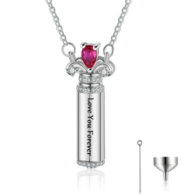 Ashes Necklace - Birthstone Vertical Barrel Pendant with Engraving