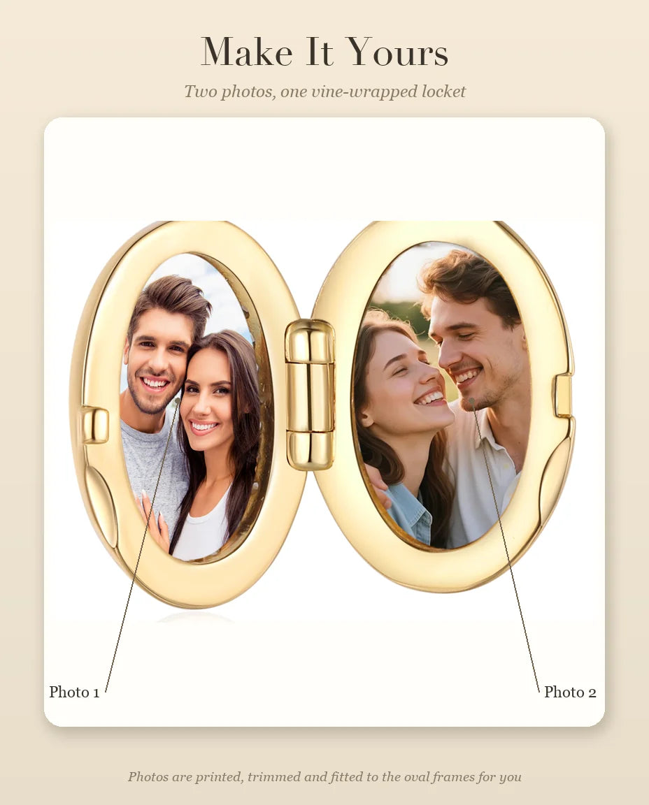 Personalised vine and crystal oval photo locket necklace holding two pictures, gold