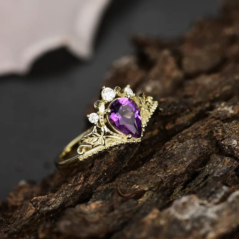 Amethyst Ring Vintage Hexagon Cut Amethyst Engagement Ring 14k White Gold  Leaf Ring Twisted Wedding Ring Women February Birthstone Ring Gift - Etsy