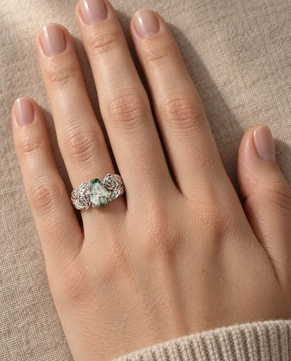 Moss Agate Ring - worn on the hand