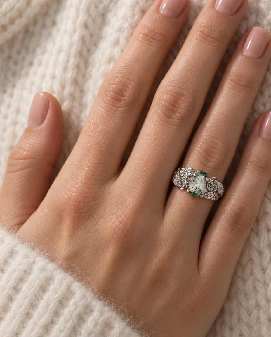Moss Agate Ring - worn on the hand, close-up
