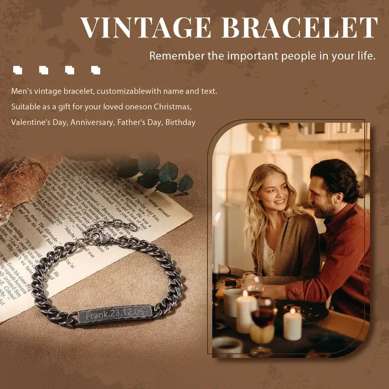 Vintage Men's Personalised Bracelet, Engraved Bracelet for Men, Men's Name Bracelet