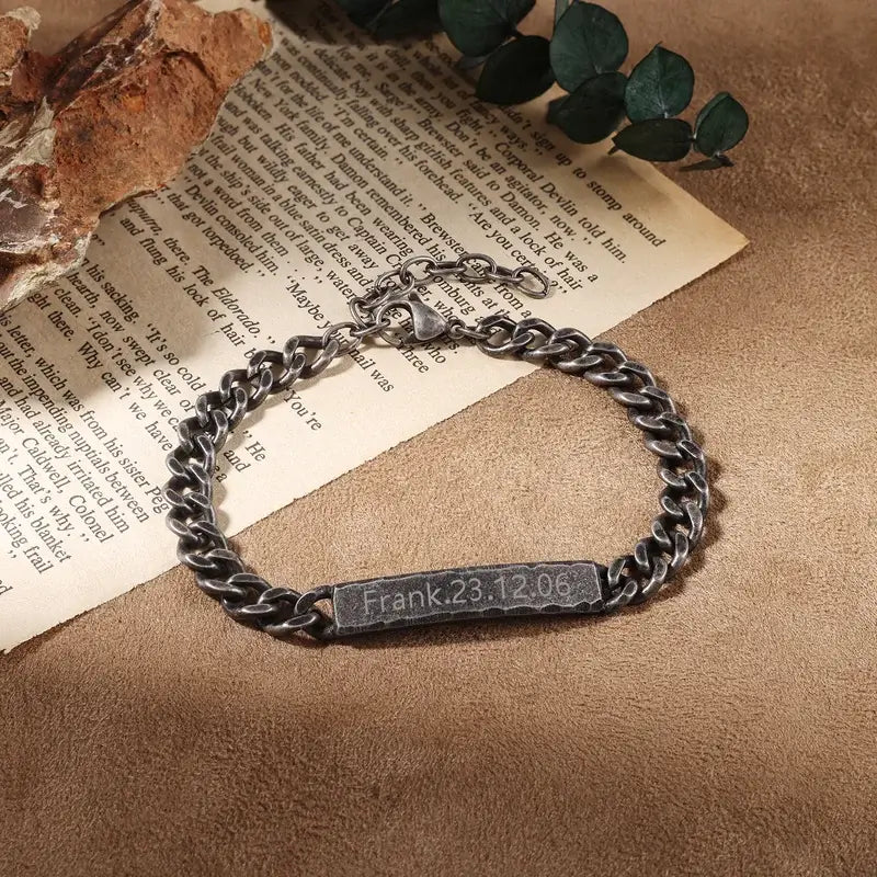 Vintage Men's Personalised Bracelet, Engraved Bracelet for Men, Men's Name Bracelet