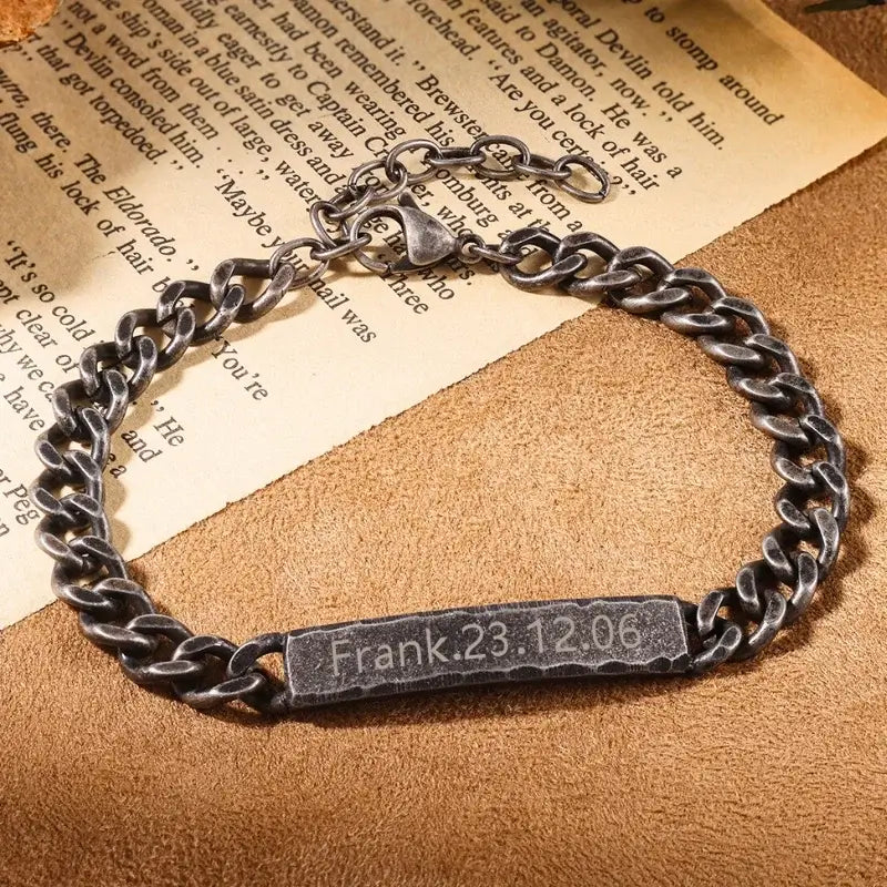 Vintage Men's Personalised Bracelet, Engraved Bracelet for Men, Men's Name Bracelet