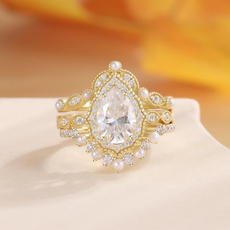 Vintage Moissanite Engagement Ring Set Pear Shaped