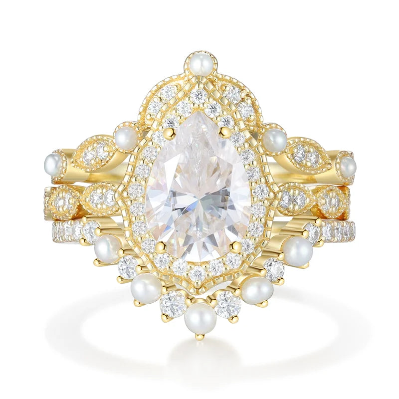 Vintage Moissanite Engagement Ring Set Pear Shaped