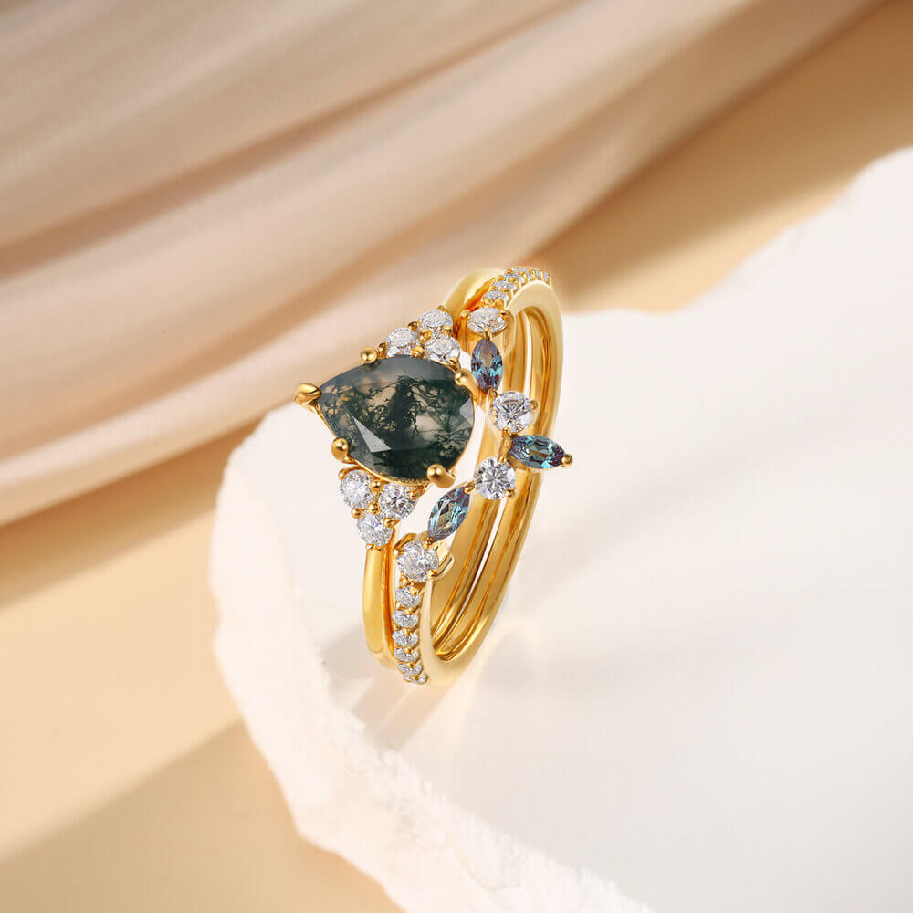 Vintage Pear Shaped Moss Agate Engagement Ring Set with Moissanite 18K Gold