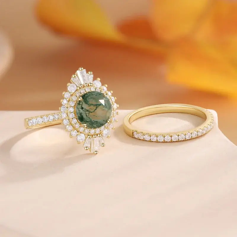 Vintage Moss Agate Engagement Ring Set with Moissanite