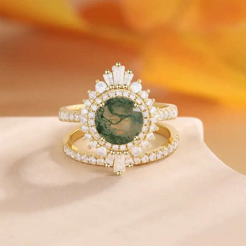 Vintage Moss Agate Engagement Ring Set with Moissanite