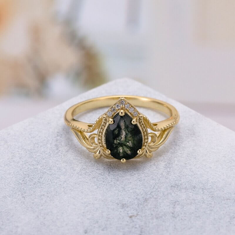 Vintage Moss Agate Ring Pear Shaped