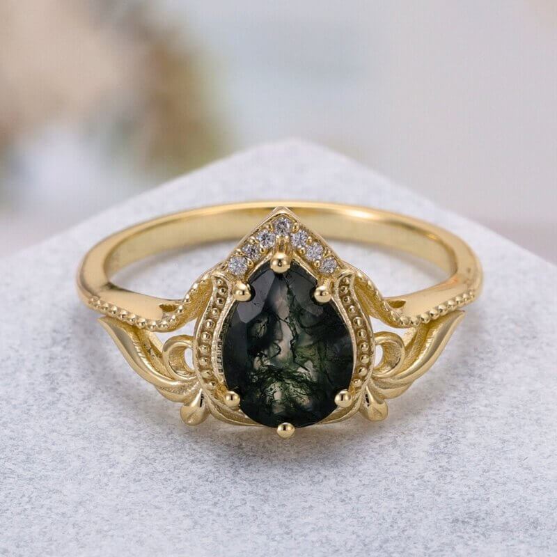 Vintage Moss Agate Ring Pear Shaped