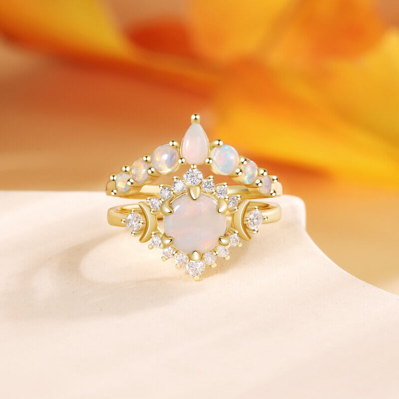 Vintage Natural Opal Engagement Ring Set with Moissanite