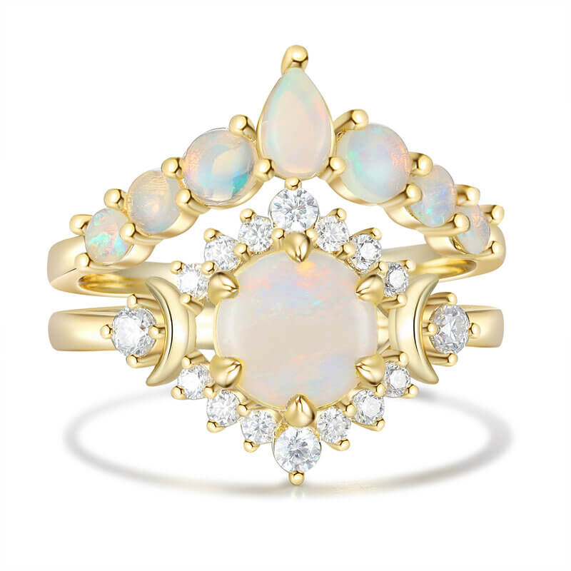 Vintage Natural Opal Engagement Ring Set with Moissanite