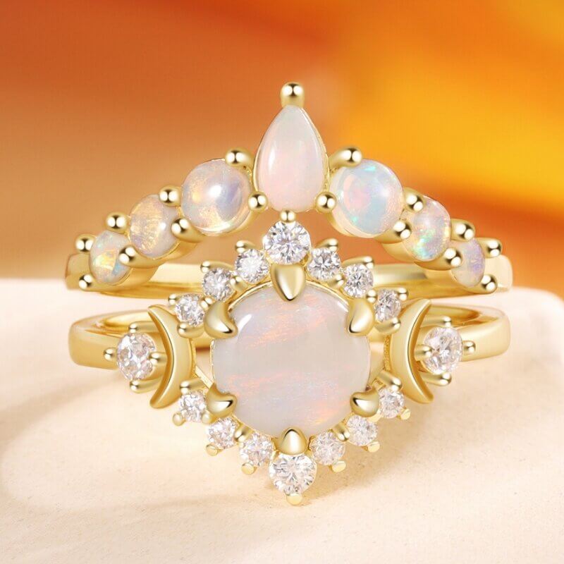Vintage Natural Opal Engagement Ring Set with Moissanite
