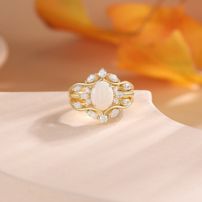 Vintage Opal Engagement Ring Set with Moissanite