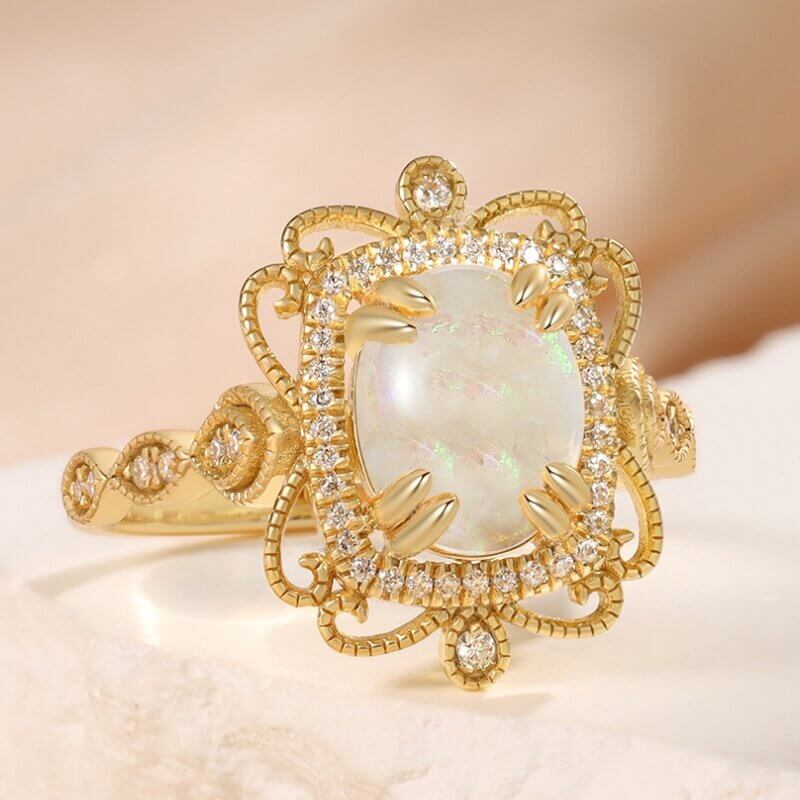 Vintage Oval Shaped Opal Engagement Ring with Moissanite