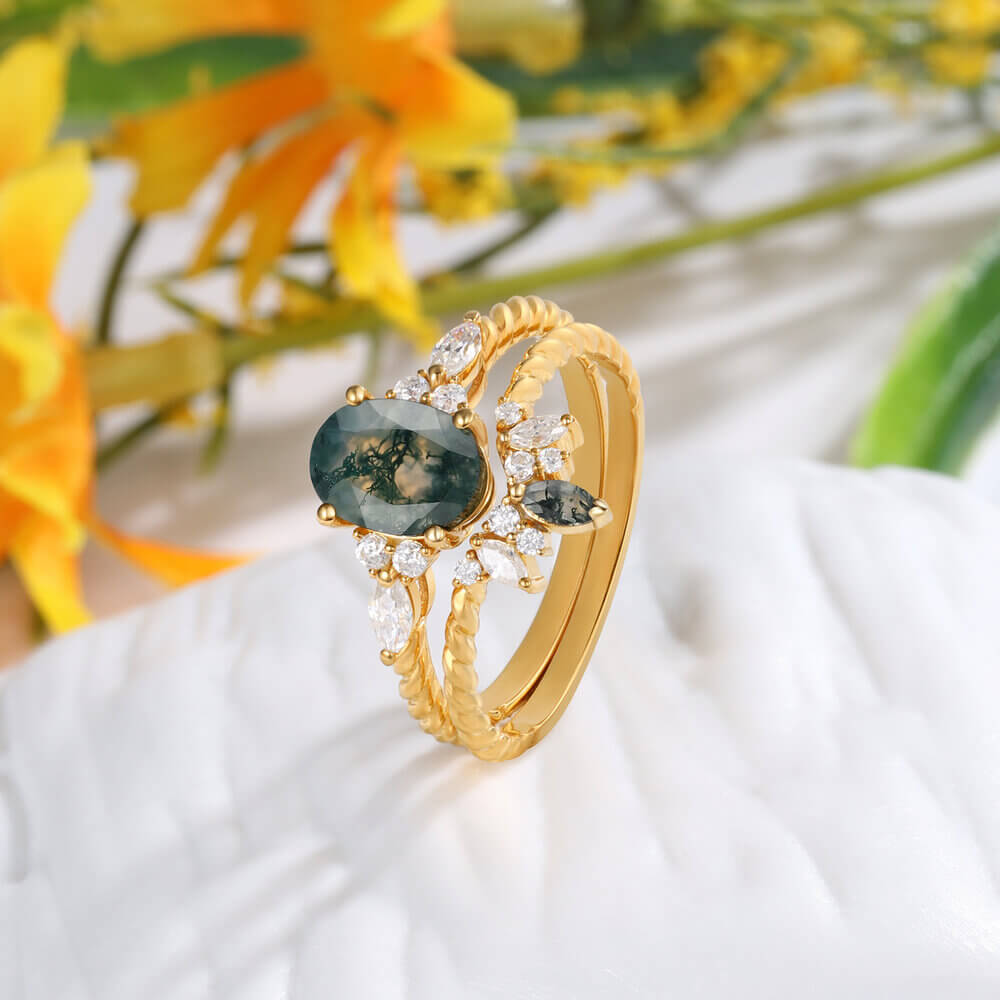Vintage Oval Shaped Moss Agate Engagement Ring Set with Moissanite 18K Gold