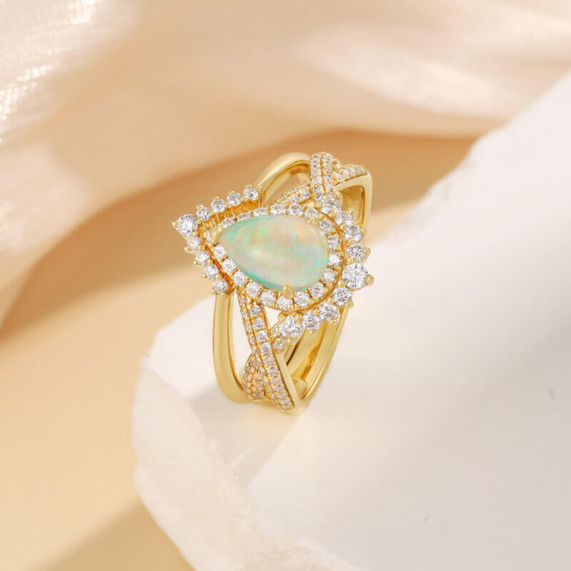 Vintage Pear Shaped Opal Engagement Ring Set with Moissanite
