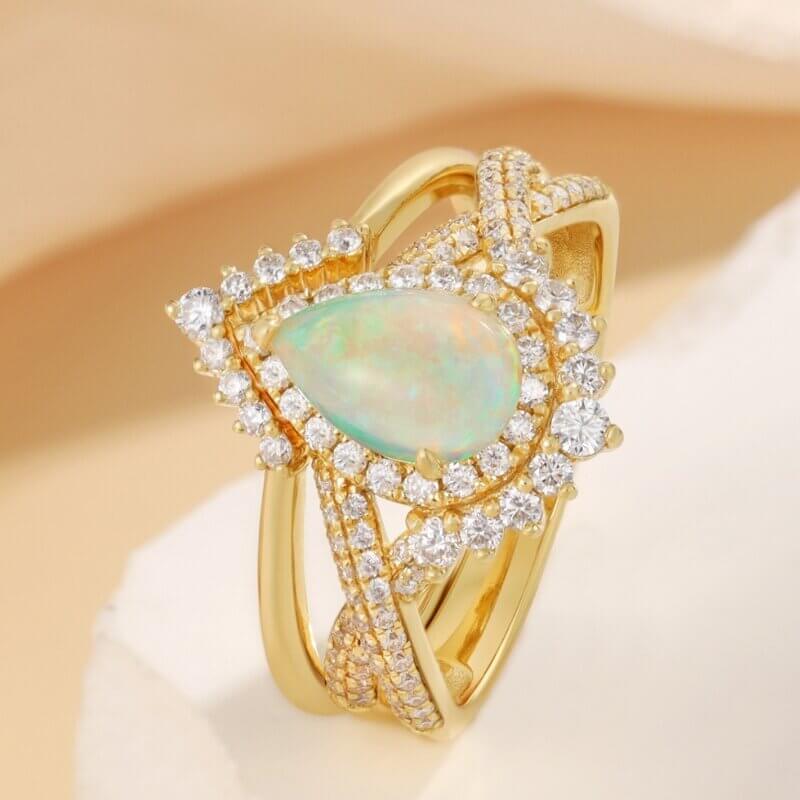 Vintage Pear Shaped Opal Engagement Ring Set with Moissanite