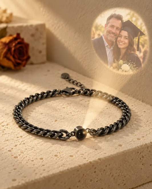 Men's Vintage Photo Projection Bracelet - projecting the hidden photo onto a wall
